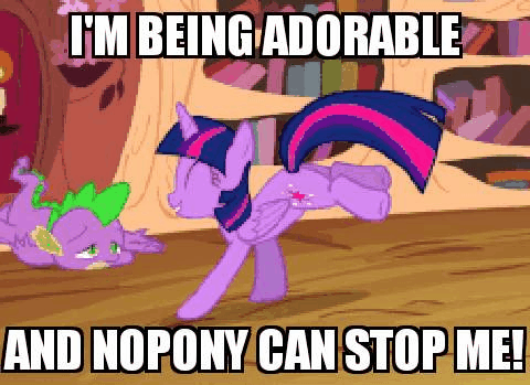 Size: 480x349 | Tagged: safe, edit, edited screencap, screencap, character:spike, character:twilight sparkle, character:twilight sparkle (alicorn), species:alicorn, species:dragon, species:pony, episode:three's a crowd, g4, my little pony: friendship is magic, abuse, adorkable, and nopony can stop me, animated, caption, cute, dork, eyes closed, female, gif, golden oaks library, happy, levitation, library, magic, male, mare, open mouth, prancing, smiling, spikeabuse, telekinesis, twiabetes