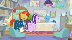 Size: 1280x720 | Tagged: safe, edit, screencap, character:applejack, character:fluttershy, character:phyllis, character:pinkie pie, character:rainbow dash, character:rarity, character:spike, character:starlight glimmer, character:sunburst, character:trixie, character:twilight sparkle, character:twilight sparkle (alicorn), species:alicorn, species:changeling, species:earth pony, species:pegasus, species:pony, species:unicorn, episode:a horse shoe-in, episode:to where and back again, g4, my little pony: friendship is magic, animated, disguise, disguised changeling, female, friendship throne, glowing horn, horn, magic, male, mane six, mare, phyllis no!, sound, stallion, telekinesis, webm