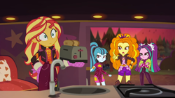 Size: 1280x720 | Tagged: safe, edit, edited screencap, screencap, character:adagio dazzle, character:aria blaze, character:sonata dusk, character:sunset shimmer, equestria girls:sunset's backstage pass, g4, my little pony: equestria girls, my little pony:equestria girls, spoiler:eqg series (season 2), backstage pass, bread, caught, discovery kids, food, logo, pointing, shrunken pupils, spanish, the dazzlings, toast, toaster, watermark