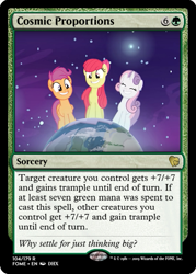 Size: 375x523 | Tagged: safe, edit, edited screencap, screencap, character:apple bloom, character:scootaloo, character:sweetie belle, species:pegasus, species:pony, episode:growing up is hard to do, g4, my little pony: friendship is magic, being big is all it takes, ccg, equus, female, magic the gathering, mare, older, older apple bloom, older cmc, older scootaloo, older sweetie belle, planet, pony bigger than a planet, space, stars, trading card, trading card edit