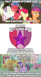 Size: 878x1636 | Tagged: safe, edit, edited screencap, screencap, character:apple bloom, character:biscuit, character:mr. greenhooves, character:scootaloo, character:spike, character:sweetie belle, character:twilight sparkle, species:dragon, species:earth pony, species:pegasus, species:pony, species:unicorn, episode:boast busters, episode:growing up is hard to do, g4, my little pony: friendship is magic, continuity error, cutie mark, cutie mark crusaders, meme, op is a duck, teleportation