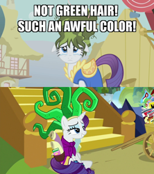 Size: 600x676 | Tagged: safe, edit, edited screencap, screencap, character:humdrum, character:mane-iac, character:rarity, species:pony, episode:boast busters, episode:dragon dropped, episode:power ponies, g4, my little pony: friendship is magic, book, cart, clothing, comic book, cosplay, costume, crying, green hair, merchandise, scroll, stairs, teary eyes, tired, twilight's castle, waterfall