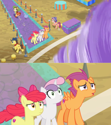 Size: 1600x1790 | Tagged: safe, edit, edited screencap, screencap, character:apple bloom, character:bandana baldwin, character:bloofy, character:high stakes, character:may fair, character:scootaloo, character:sweetie belle, species:pegasus, species:pony, episode:growing up is hard to do, g4, my little pony: friendship is magic, bonnie rose, carpet, comic, cutie mark, cutie mark crusaders, dust cloud, fleeing, nervous, older, older apple bloom, older cmc, older scootaloo, older sweetie belle, running away, screencap comic, stool, surprised, table, the cmc's cutie marks, tornado, twister, whirling mungtooth, windy