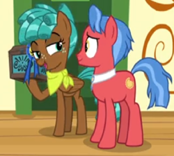 Size: 852x768 | Tagged: safe, edit, edited screencap, screencap, character:biscuit, character:spur, species:pony, episode:growing up is hard to do, g4, my little pony: friendship is magic, box, chest, cropped, neckerchief, ribbon, smug