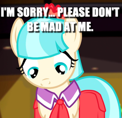 Size: 409x398 | Tagged: safe, edit, edited screencap, screencap, character:coco pommel, episode:rarity takes manehattan, g4, my little pony: friendship is magic, bronybait, caption, cocobetes, cropped, cute, female, image macro, looking down, solo, text, weapons-grade cute