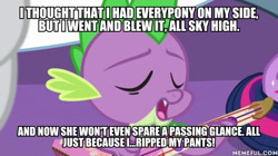 Size: 600x337 | Tagged: safe, edit, edited screencap, screencap, character:rarity, character:spike, character:twilight sparkle, character:twilight sparkle (alicorn), species:alicorn, species:dragon, species:pony, episode:best gift ever, g4, my little pony: friendship is magic, caption, guitar, image macro, memeful.com, musical instrument, playing guitar, playing instrument, ripped pants (spongebob episode), singing, song, song reference, spongebob squarepants, text, winged spike
