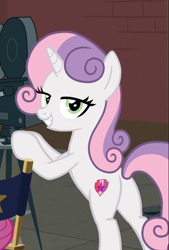 Size: 602x892 | Tagged: safe, edit, edited screencap, screencap, character:sweetie belle, species:pony, species:unicorn, episode:growing up is hard to do, g4, my little pony: friendship is magic, bedroom eyes, being big is all it takes, butt, cropped, female, film projector, lidded eyes, looking at you, looking back, looking back at you, mare, older, older sweetie belle, plot, sexy, smiling, solo, stupid sexy sweetie belle