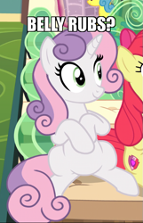 Size: 485x754 | Tagged: safe, edit, edited screencap, screencap, character:apple bloom, character:lemon hearts, character:sweetie belle, species:earth pony, species:pony, species:unicorn, episode:growing up is hard to do, g4, my little pony: friendship is magic, belly, bellyrub request, bellyrubs, bronybait, cropped, cute, cutie mark, diasweetes, female, mare, offscreen character, older, older apple bloom, older sweetie belle, sitting, smiling, solo focus, the cmc's cutie marks