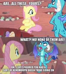 Size: 1920x2160 | Tagged: safe, edit, edited screencap, screencap, character:fluttershy, character:princess ember, species:dragon, species:pegasus, species:pony, episode:sweet and smoky, g4, my little pony: friendship is magic, alien, blushing, caption, dialogue, dragon egg, dragon lands, dragon lord ember, egg, embarrassed, female, image macro, mare, text, xenomorph, xenomorph queen