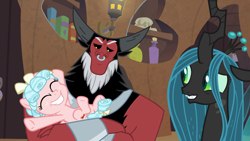 Size: 1920x1080 | Tagged: safe, edit, edited screencap, screencap, character:cozy glow, character:lord tirek, character:queen chrysalis, species:centaur, species:changeling, species:pegasus, species:pony, episode:the summer sun setback, g4, my little pony: friendship is magic, a better ending for chrysalis, a better ending for cozy, a better ending for tirek, bracer, changeling queen, cozybetes, crown, cute, cutealis, daddy tirek, evil lair, female, filly, foal, former queen chrysalis, grogar's lair, harsher in hindsight, jewelry, lair, legion of doom, mare, mommy chrissy, nose piercing, nose ring, piercing, regalia, smiling, tirebetes, trio, wholesome