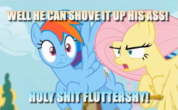 Size: 707x436 | Tagged: safe, edit, edited screencap, screencap, character:fluttershy, character:rainbow dash, episode:flutter brutter, g4, my little pony: friendship is magic, caption, discovery family logo, duo, image macro, peeved, swearyshy, text, vulgar