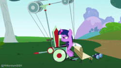 Size: 1920x1080 | Tagged: safe, edit, edited screencap, screencap, character:spike, character:twilight sparkle, species:dragon, species:pony, species:unicorn, episode:feeling pinkie keen, g4, my little pony: friendship is magic, animated, bench, binoculars, crushed, falling, gibby, icarly, meme, sound, watermark, webm, wheelchair