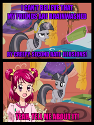 Size: 896x1198 | Tagged: safe, edit, edited screencap, screencap, character:twilight sparkle, character:twilight sparkle (unicorn), species:pony, species:unicorn, episode:the return of harmony, g4, my little pony: friendship is magic, anime, bed, big crown thingy, caption, discorded, discorded twilight, element of magic, golden oaks library, image macro, jewelry, nozomi yumehara, precure, regalia, text, yes! precure 5