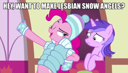 Size: 1192x675 | Tagged: safe, edit, edited screencap, screencap, character:amethyst star, character:pinkie pie, character:sparkler, species:earth pony, species:pony, species:unicorn, episode:sundae sundae sundae, spoiler:interseason shorts, bipedal, bipedal leaning, caption, clothing, coat, female, hat, hearth's warming shorts, image macro, leaning, lesbian, mare, one eye closed, pinkieswirl, shipping, text, toque, winter clothes, wrong hairstyle
