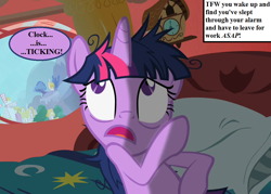 Size: 1008x720 | Tagged: safe, edit, edited screencap, screencap, character:twilight sparkle, episode:lesson zero, g4, my little pony: friendship is magic, bed, clock, clock is ticking, cropped, cuckoo clock, dialogue, faec, golden oaks library, inset, messy mane, speech, speech bubble, text, tfw, tree, windmill
