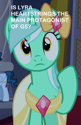 Size: 509x787 | Tagged: safe, edit, edited screencap, screencap, character:lyra heartstrings, species:pony, species:unicorn, episode:make new friends but keep discord, g4, my little pony: friendship is magic, clothing, cropped, dress, female, solo focus, text