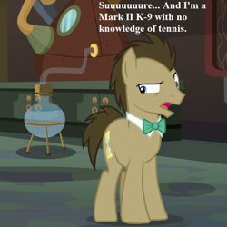 Size: 611x611 | Tagged: safe, edit, edited screencap, screencap, character:doctor whooves, character:time turner, species:pony, episode:a horse shoe-in, g4, my little pony: friendship is magic, bow tie, cropped, doctor who, doctor whooves' lab, reaction image, skeptical, speech, the stones of blood