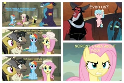 Size: 1935x1290 | Tagged: safe, edit, edited screencap, screencap, character:ahuizotl, character:cozy glow, character:daring do, character:doctor caballeron, character:fluttershy, character:lord tirek, character:queen chrysalis, character:rainbow dash, species:centaur, species:changeling, species:earth pony, species:pegasus, species:pony, episode:daring doubt, episode:sweet and smoky, episode:the beginning of the end, g4, my little pony: friendship is magic, abuse, angry, broken aesop, changeling queen, chrysabuse, comic, cozybuse, dialogue, female, filly, foal, hypocrisy, hypocrite, hypocritical humor, lip bite, male, mare, screencap comic, sheepish grin, stallion, tirekabuse