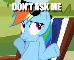 Size: 1128x915 | Tagged: safe, edit, edited screencap, screencap, character:rainbow dash, episode:too many pinkie pies, g4, my little pony: friendship is magic, caption, cropped, female, image macro, nose wrinkle, scrunchy face, shrug, solo, sunglasses, text