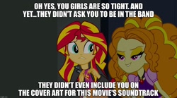 Size: 1280x714 | Tagged: safe, edit, edited screencap, screencap, character:adagio dazzle, character:sunset shimmer, equestria girls:rainbow rocks, g4, my little pony: equestria girls, my little pony:equestria girls, album, album cover, breaking the fourth wall, caption, clothing, dialogue, fourth wall, grin, image macro, jewelry, lidded eyes, necklace, smiling, soundtrack, taunting, text