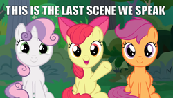 Size: 1350x768 | Tagged: safe, edit, edited screencap, screencap, character:apple bloom, character:scootaloo, character:sweetie belle, species:earth pony, species:pegasus, species:pony, species:unicorn, episode:the big mac question, g4, my little pony: friendship is magic, bow, caption, cutie mark crusaders, depressing, female, filly, foal, image macro, impact font, last words, looking at you, meme, op is trying to make us cry, sad, smiling, text, trio