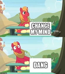 Size: 500x562 | Tagged: safe, edit, edited screencap, screencap, character:big mcintosh, species:earth pony, species:pony, episode:the big mac question, g4, my little pony: friendship is magic, caption, change my mind, dang, image macro, text