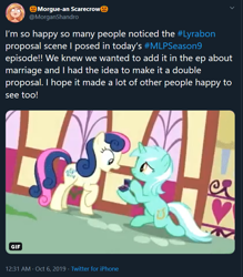 Size: 680x775 | Tagged: safe, edit, edited screencap, screencap, character:bon bon, character:lyra heartstrings, character:sweetie drops, species:earth pony, species:pony, species:unicorn, ship:lyrabon, episode:the big mac question, g4, my little pony: friendship is magic, background characters doing background things, background pony, best friends, duo, female, it happened, lesbian, mare, meta, morgan shandro, shipping, text, twitter