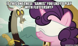 Size: 600x355 | Tagged: safe, edit, edited screencap, screencap, character:discord, character:sugar belle, episode:the big mac question, g4, my little pony: friendship is magic, blindfold, caption, image macro, text