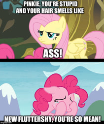 Size: 500x593 | Tagged: safe, edit, edited screencap, screencap, character:fluttershy, character:pinkie pie, species:pony, episode:bridle gossip, episode:the maud couple, g4, my little pony: friendship is magic, abuse, background pony strikes again, downvote bait, flutterbitch, meme, op is a duck, op is trying to start shit, pinkiebuse