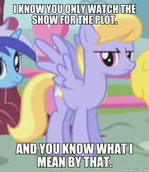Size: 600x691 | Tagged: safe, edit, edited screencap, screencap, character:cherry berry, character:cloud kicker, character:minuette, species:pegasus, species:pony, episode:griffon the brush-off, g4, my little pony: friendship is magic, background pony, caption, cropped, female, i watch it for the plot, image macro, mare, solo focus, text, unamused