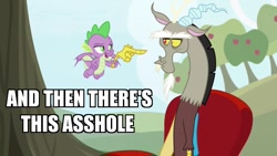 Size: 800x450 | Tagged: safe, edit, edited screencap, screencap, character:discord, character:spike, species:draconequus, species:dragon, episode:the big mac question, g4, my little pony: friendship is magic, and then there's this asshole, apple, apple tree, chair, claws, discord is not amused, disembodied hand, hand, meme, modular, sweet apple acres, text, tree, unamused, vulgar