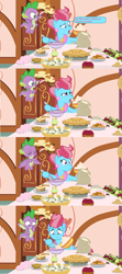 Size: 1600x3604 | Tagged: safe, edit, edited screencap, screencap, character:cup cake, character:spike, species:dragon, episode:the big mac question, g4, my little pony: friendship is magic, apple, bowl, cake, comic, cream, cupcake, dessert, dialogue, dough, flour, food, fritter, kitchen, mixing bowl, pie, screencap comic, speech bubble, tasting, winged spike