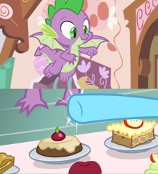 Size: 1600x1764 | Tagged: safe, edit, edited screencap, screencap, character:cup cake, character:spike, species:dragon, species:pony, episode:the big mac question, g4, my little pony: friendship is magic, apple, cake, claws, comic, cupcake, dessert, flying, food, fritter, hooves, kitchen, pointing, screencap comic, sin of greed, swatting, winged spike
