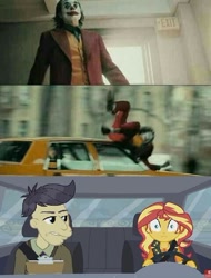 Size: 480x633 | Tagged: safe, edit, screencap, character:cranky doodle donkey, character:sunset shimmer, species:human, episode:driving miss shimmer, g4, my little pony: equestria girls, my little pony:equestria girls, arthur fleck, car, car accident, driving miss shimmer: applejack, irl, irl human, joker (2019), joker hit by car, photo, the joker