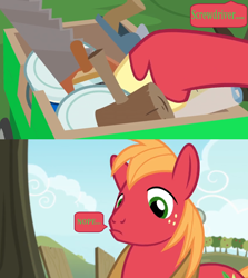 Size: 1600x1796 | Tagged: safe, edit, edited screencap, screencap, character:big mcintosh, species:pony, episode:the big mac question, g4, my little pony: friendship is magic, comic, crosscut saw, dialogue, hammer, male, mallet, orchard, paint can, saw, screencap comic, solo, speech bubble, tools