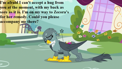 Size: 800x450 | Tagged: safe, edit, edited screencap, screencap, character:gabby, episode:dragon dropped, g4, my little pony: friendship is magic, backache, bronybait, cute, gabbybetes, implied zecora, mailbag, pain, pain star, speech