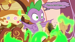 Size: 1600x900 | Tagged: safe, edit, edited screencap, screencap, character:spike, species:dragon, episode:the big mac question, g4, my little pony: friendship is magic, fire, green fire, idiot, kitchen, male, meme, now you fucked up, oops, scorched, solo, subverted meme, this is fine, thought bubble, uh oh, winged spike