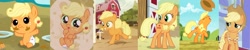 Size: 2492x500 | Tagged: safe, edit, edited screencap, screencap, character:applejack, species:earth pony, species:pony, episode:apple family reunion, episode:going to seed, episode:the last problem, episode:the last roundup, episode:the one where pinkie pie knows, episode:where the apple lies, g4, my little pony: friendship is magic, age progression, apple fritter (food), baby, baby picture, baby pony, babyjack, cute, diaper, female, fence, filly, filly applejack, foal, food, granny smith's scarf, jackabetes, looking at you, older, older applejack, open mouth, outfit catalog, smiling, solo, sweet apple acres, teenage applejack, teenager, younger