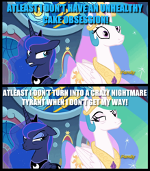 Size: 1008x1151 | Tagged: safe, edit, edited screencap, screencap, character:princess celestia, character:princess luna, episode:sparkle's seven, g4, my little pony: friendship is magic, caption, discovery family logo, duo, image macro, sibling rivalry, text