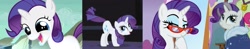Size: 2557x500 | Tagged: safe, edit, edited screencap, screencap, character:rarity, species:dragon, species:pony, species:unicorn, episode:dragon dropped, episode:friendship is magic, episode:the cutie mark chronicles, episode:the last problem, g4, my little pony: friendship is magic, age progression, butt, butt shake, cute, female, filly, filly rarity, glasses, grin, looking back, low quality, mare, offscreen character, older, older rarity, open mouth, plot, raribetes, skunk stripe, smiling, solo, solo focus, tail twirl, tail wag, tail whip, talking, younger