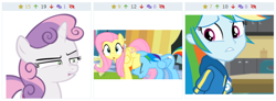 Size: 730x270 | Tagged: safe, edit, edited screencap, screencap, character:fluttershy, character:rainbow dash, character:sweetie belle, species:pony, derpibooru, g4, my little pony: equestria girls, my little pony:equestria girls, disgusted, faec, juxtaposition, juxtaposition win, meme, meta, triple juxaposition, vector