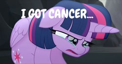Size: 670x350 | Tagged: safe, edit, edited screencap, screencap, character:twilight sparkle, character:twilight sparkle (alicorn), species:alicorn, species:pony, my little pony: the movie (2017), background pony strikes again, cancer (disease), crying, female, op is a duck, op is trying to start shit, sad, solo, why