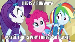 Size: 1280x720 | Tagged: safe, edit, edited screencap, screencap, character:pinkie pie, character:rainbow dash, character:rarity, episode:life is a runway, equestria girls:friendship games, g4, my little pony: equestria girls, my little pony:equestria girls, bad pun, caption, clothing, dialogue, image macro, pun, text, wide eyes