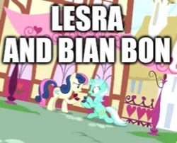 Size: 290x234 | Tagged: safe, edit, edited screencap, screencap, character:bon bon, character:lyra heartstrings, character:sweetie drops, species:earth pony, species:pony, species:unicorn, ship:lyrabon, episode:the big mac question, g4, my little pony: friendship is magic, background characters doing background things, background pony, caption, duo, female, image macro, impact font, it happened, lesbian, mare, marriage proposal, pun, shipping, text