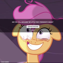 Size: 948x944 | Tagged: safe, edit, edited screencap, official, screencap, character:scootaloo, species:pegasus, species:pony, episode:sleepless in ponyville, g4, my little pony: friendship is magic, bloodshot eyes, cropped, faec, female, floppy ears, gritted teeth, messy, messy mane, solo, stressed, tired