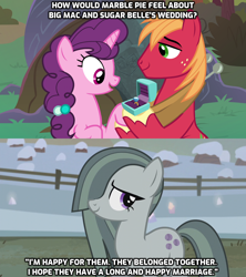 Size: 1280x1440 | Tagged: safe, edit, edited screencap, screencap, character:big mcintosh, character:marble pie, character:sugar belle, species:pony, ship:sugarmac, episode:hearthbreakers, episode:the big mac question, g4, my little pony: friendship is magic, answer, approval, bittersweet, captions, engagement ring, female, headcanon, heartwarming, hope, i want my beloved to be happy, intertwined trees, just friends, male, marriage proposal, moving on, question, shipping, straight, tree