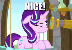 Size: 1280x886 | Tagged: safe, edit, edited screencap, screencap, character:starlight glimmer, episode:a matter of principals, g4, my little pony: friendship is magic, caption, female, image macro, inverted mouth, nice, smiling, solo, telescope, text