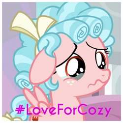 Size: 1936x1936 | Tagged: safe, edit, edited screencap, screencap, character:cozy glow, species:pegasus, species:pony, episode:marks for effort, g4, my little pony: friendship is magic, cozybetes, cozylove, cropped, cute, female, filly, hashtag, love, sad, solo, sympathy, sympathy for the devil, teary eyes, wavy mouth