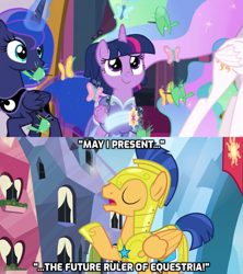 Size: 977x1099 | Tagged: safe, edit, edited screencap, screencap, character:flash sentry, character:princess celestia, character:princess luna, character:twilight sparkle, character:twilight sparkle (alicorn), species:alicorn, species:bird, species:pony, episode:the last problem, g4, my little pony: friendship is magic, armor, butterfly, caption, clothing, coronation dress, dress, image macro, royal guard armor, second coronation dress, spider, star spider, text, the future ruler of equestria