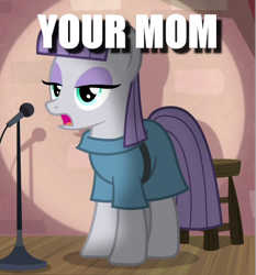 Size: 484x519 | Tagged: safe, edit, edited screencap, screencap, character:maud pie, species:earth pony, species:pony, episode:the maud couple, g4, my little pony: friendship is magic, caption, cropped, female, image macro, microphone, microphone stand, solo, spotlight, text, your mom